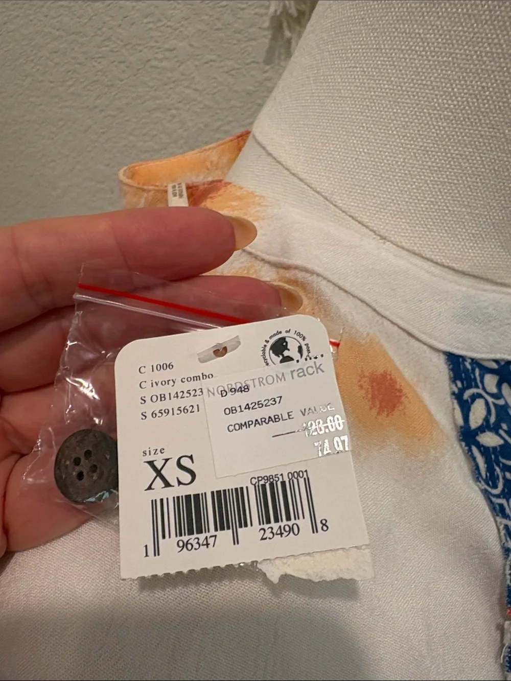 Free People White Orange Tie-Dye Patchwork Button Front Blouse